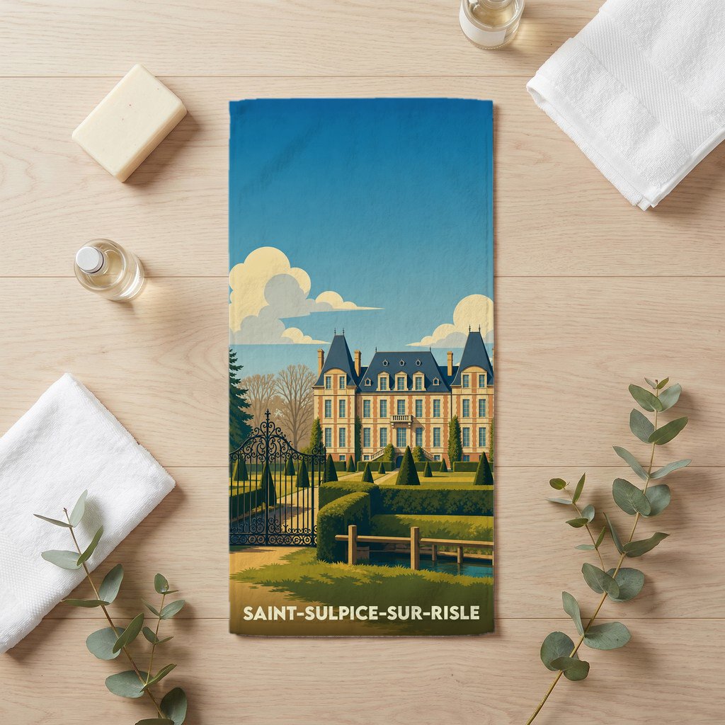 Serviette souvenir de Saint-Sulpice-sur-Risle illustrée d'un château avec ses jardins à la française.