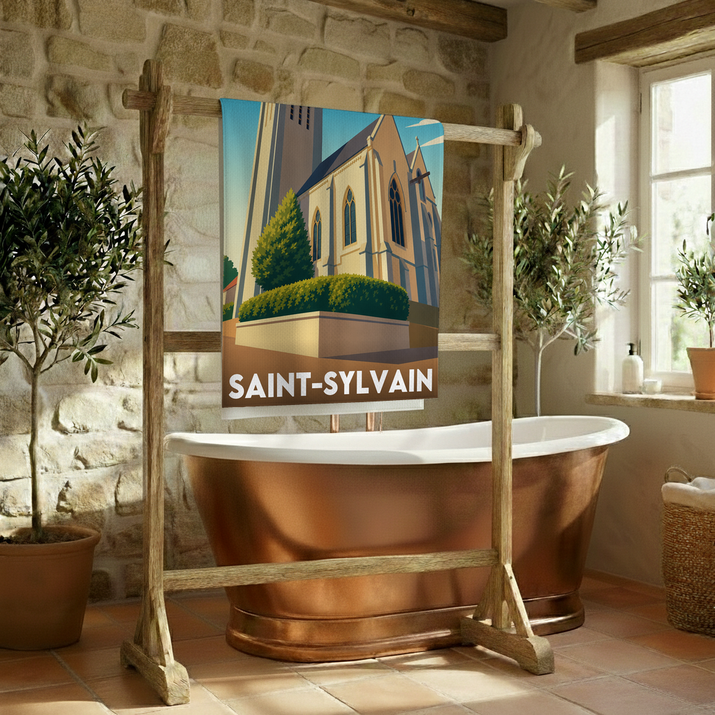 Serviette de bain souvenir de la ville de Saint-Sylvain avec une illustration stylisée.