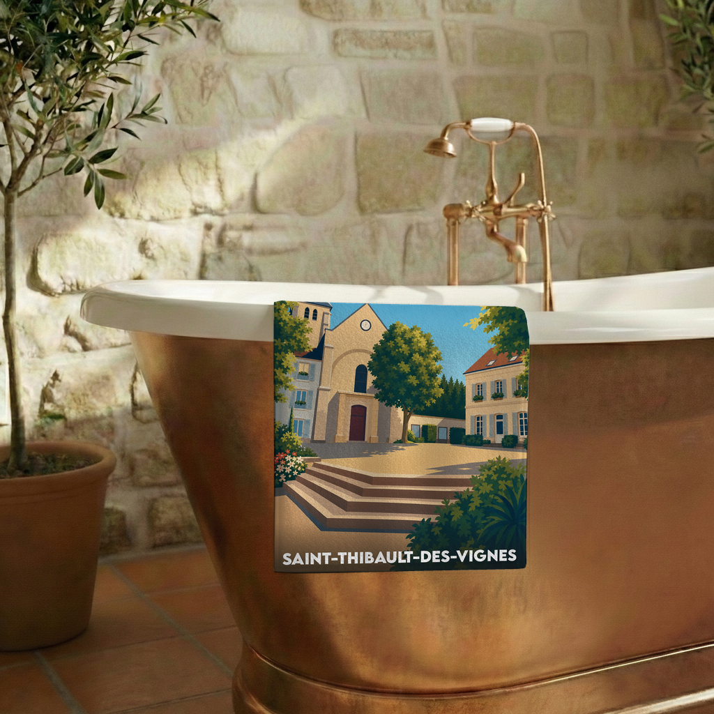 Serviette de bain souvenir de la ville de Saint-Thibault-des-Vignes avec une illustration stylisée.