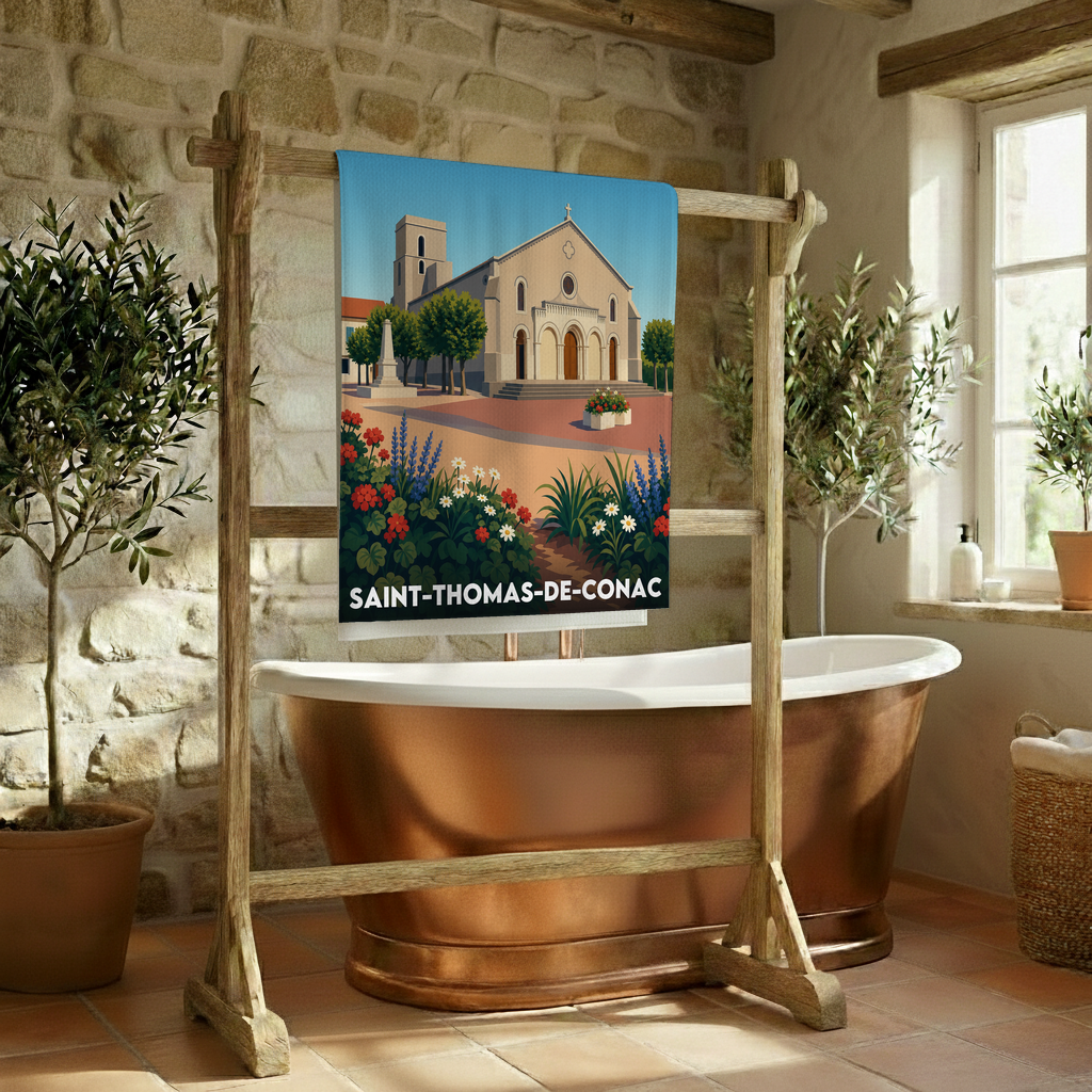 Serviette de bain souvenir de la ville de Saint-Thomas-de-Conac avec une illustration stylisée de son église et de parterres de fleurs.