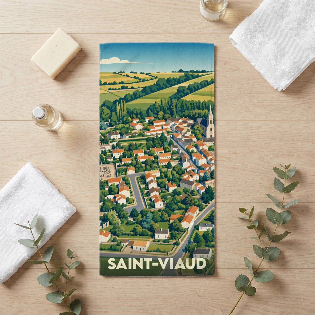 Serviette de bain souvenir de la ville de Saint-Viaud avec une illustration stylisée.