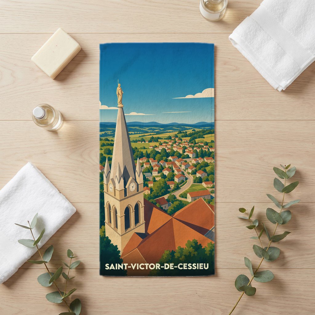 Serviette de bain souvenir de la ville de Saint-Victor-de-Cessieu avec une illustration stylisée d'un clocher surplombant le village.