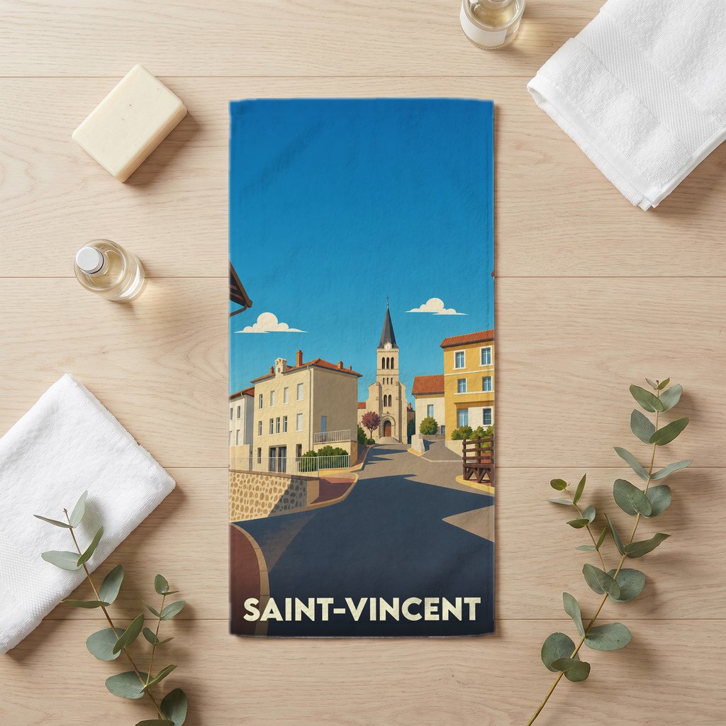 Serviette de bain souvenir de la ville de Saint-Vincent avec une illustration stylisée.