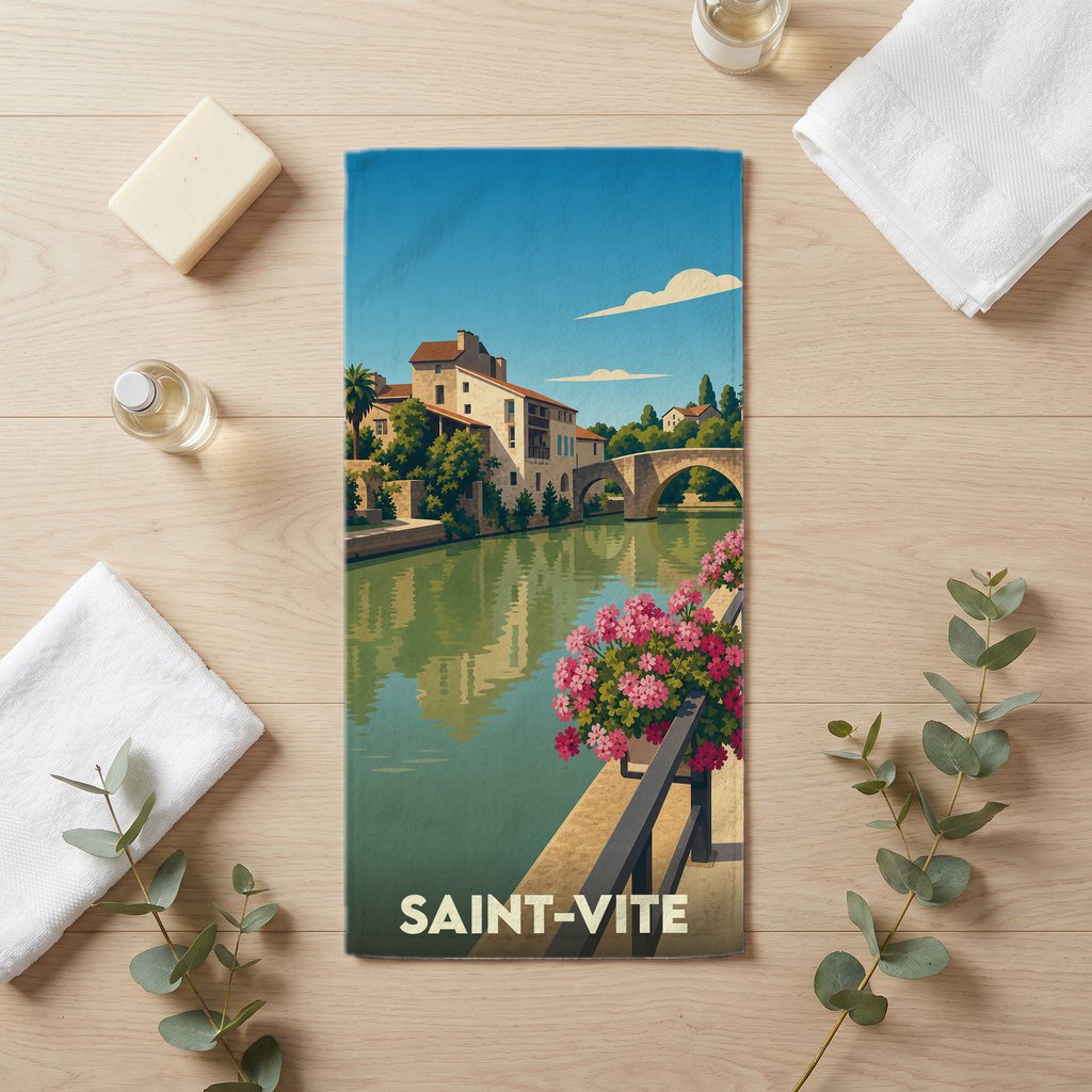 Serviette de bain souvenir de la ville de Saint-Vite avec une illustration stylisée d'un pont en pierre.