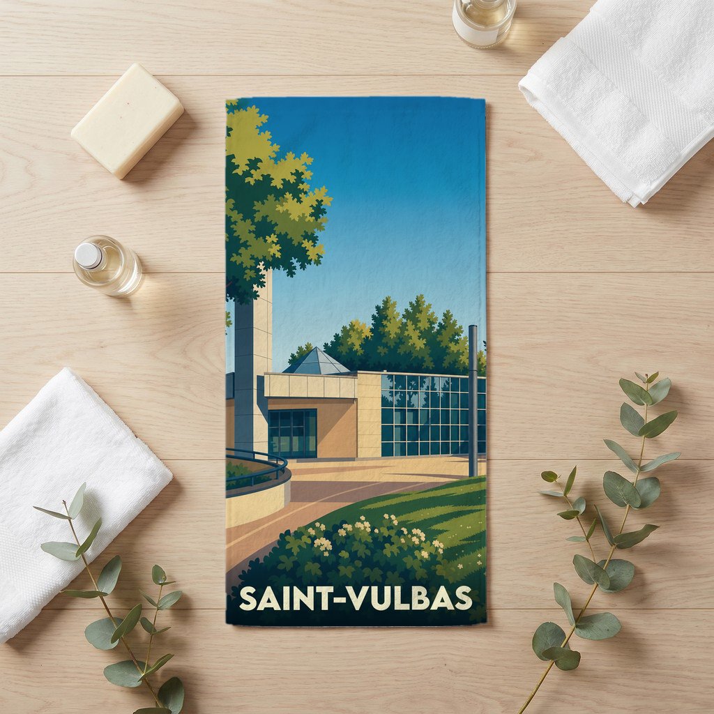 Serviette de bain souvenir de la ville de Saint-Vulbas avec une illustration stylisée.