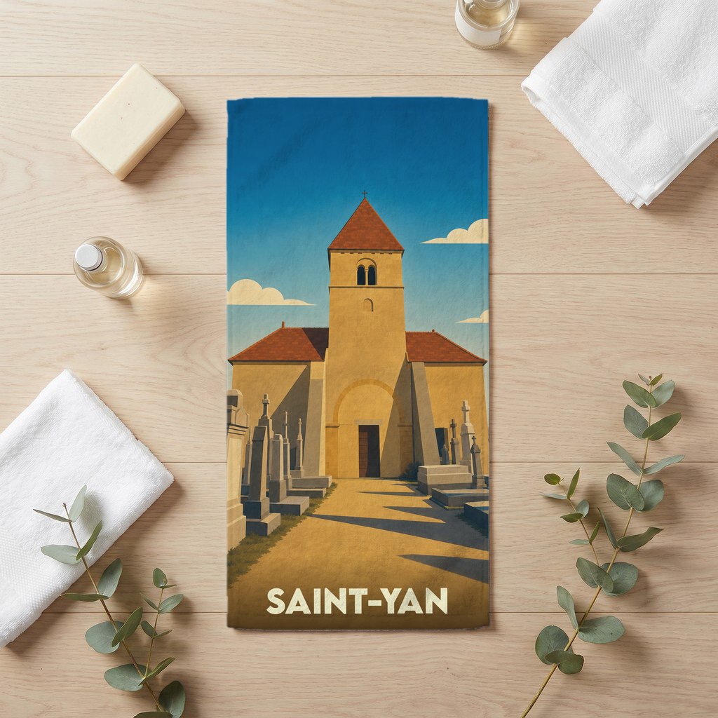 Serviette de bain souvenir de la ville de Saint-Yan avec une illustration stylisée d'église et de cimetière.
