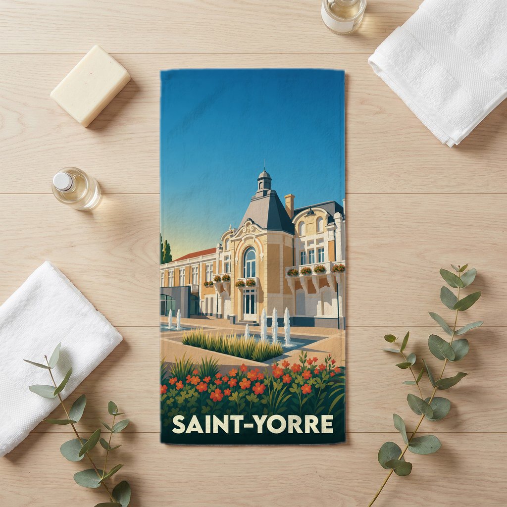 Serviette de bain souvenir de la ville de Saint-Yorre avec une illustration stylisée de son architecture thermale.