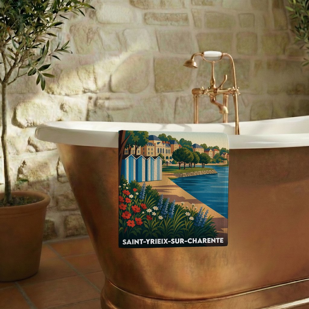Serviette de bain souvenir de la ville de Saint-Yrieix-sur-Charente avec une illustration de style affiche rétro.