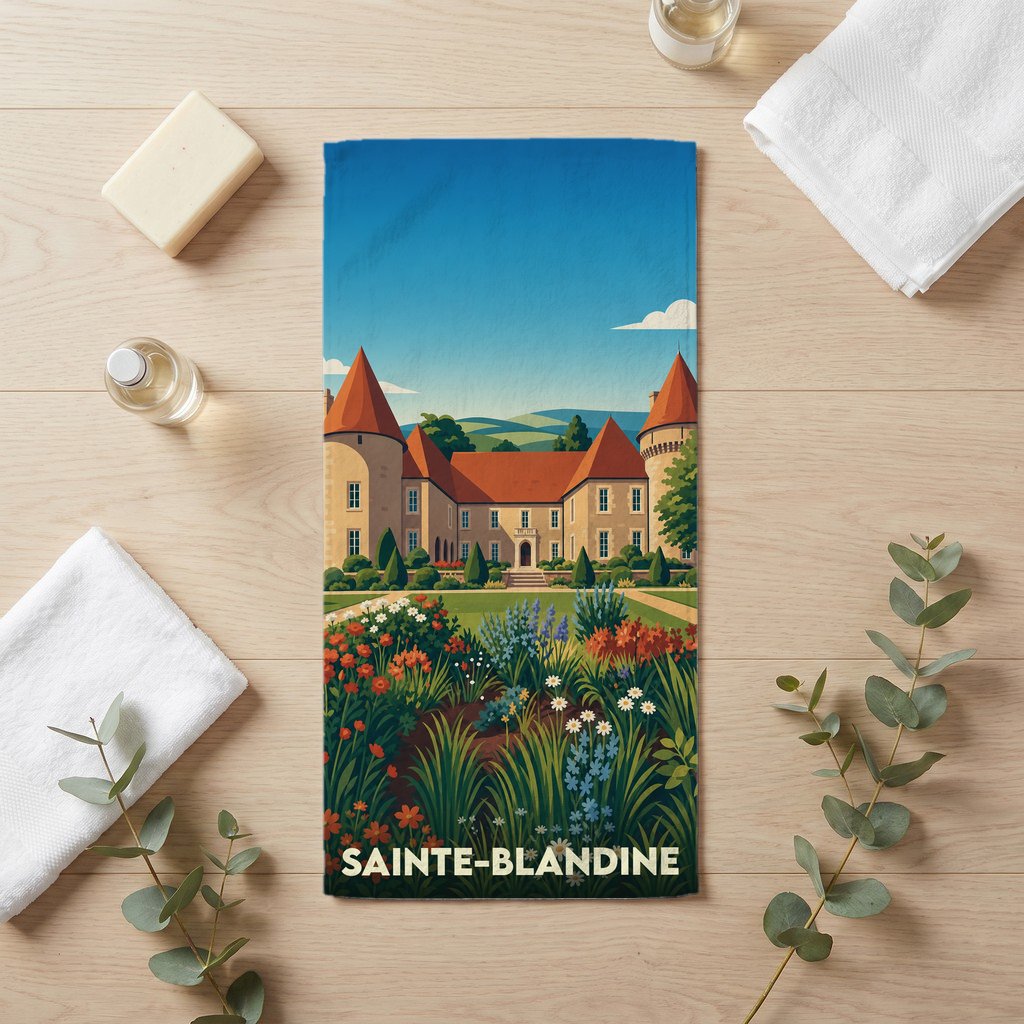 Serviette de bain souvenir de la ville de Sainte-Blandine avec une illustration stylisée d'un château et de ses jardins fleuris.
