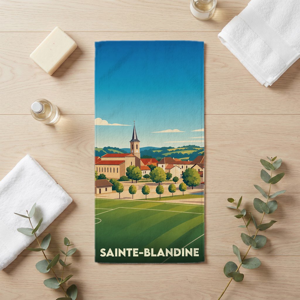 Serviette de bain souvenir de la ville de Sainte-Blandine avec une illustration stylisée.