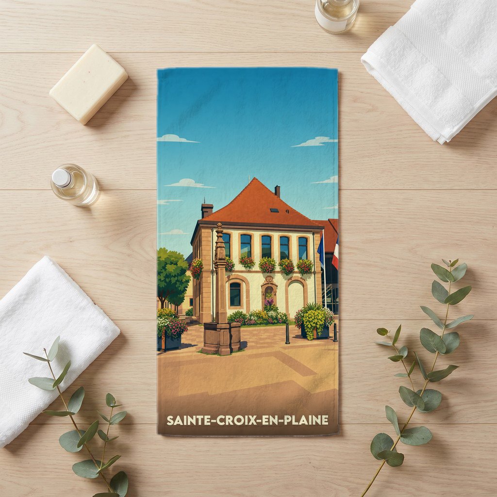 Serviette de bain souvenir de la ville de Sainte-Croix-en-Plaine avec une illustration stylisée.
