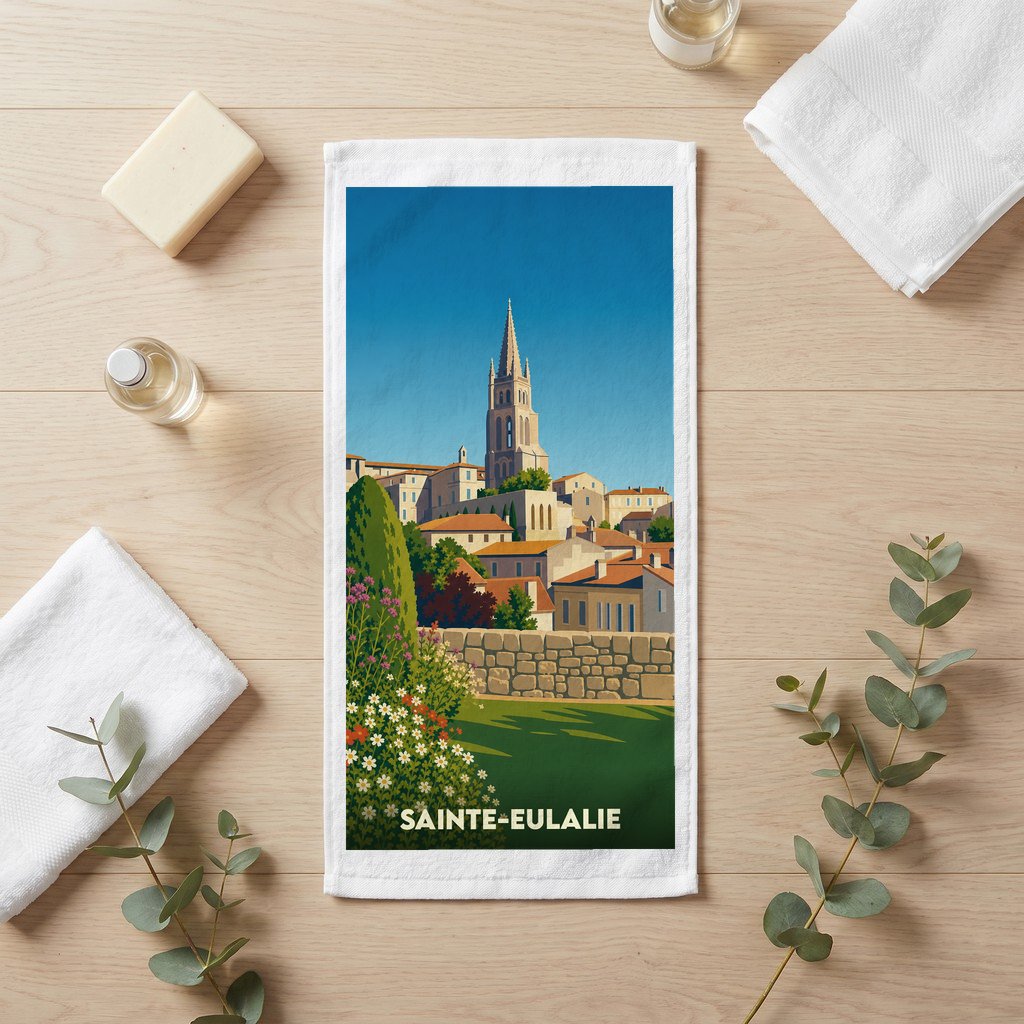 Serviette de bain souvenir de la ville de Sainte-Eulalie avec une illustration stylisée.