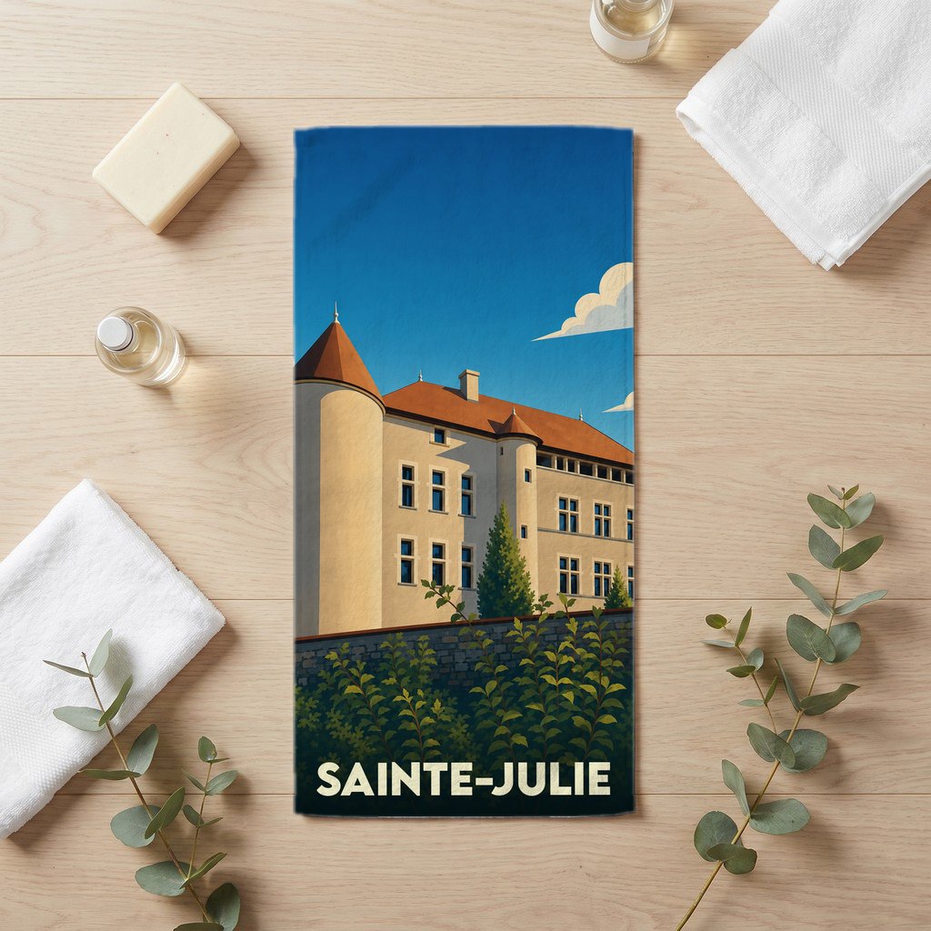 Serviette de bain souvenir de la ville de Sainte-Julie avec une illustration stylisée d'un château.