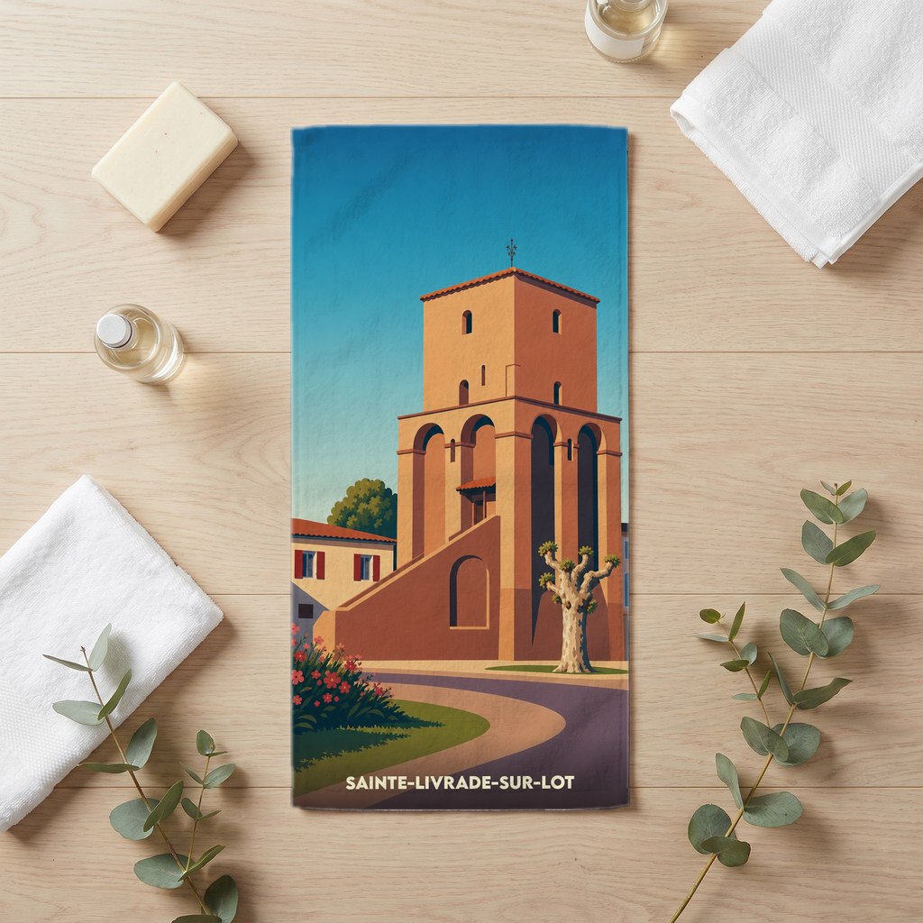 Serviette de bain souvenir de la ville de Sainte-Livrade-sur-Lot avec une illustration stylisée de sa tour historique.