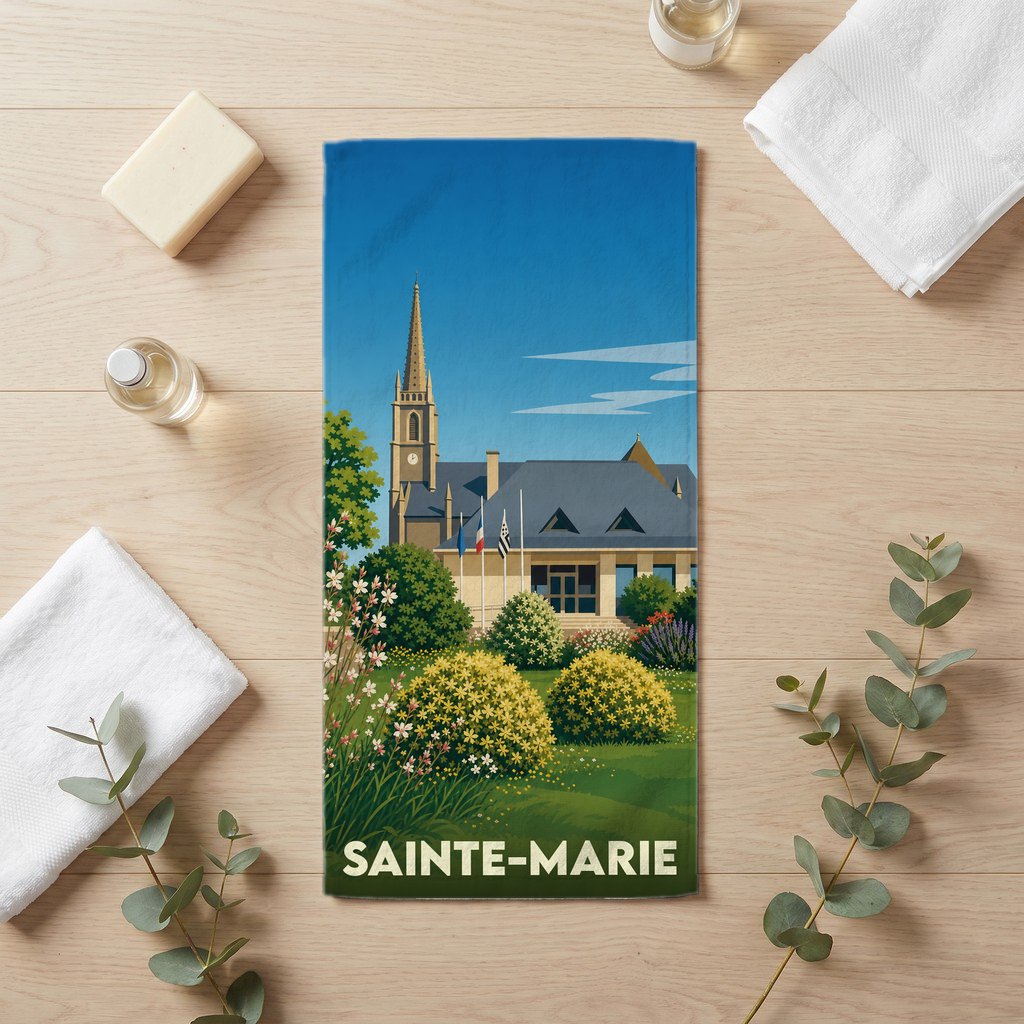 Serviette de bain souvenir de la ville de Sainte-Marie avec une illustration stylisée d'un paysage urbain fleuri.