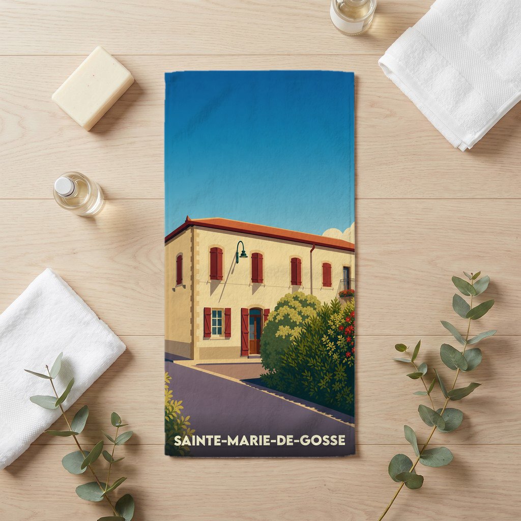 Serviette de bain souvenir de la ville de Sainte-Marie-de-Gosse avec une illustration stylisée d'un bâtiment typique.