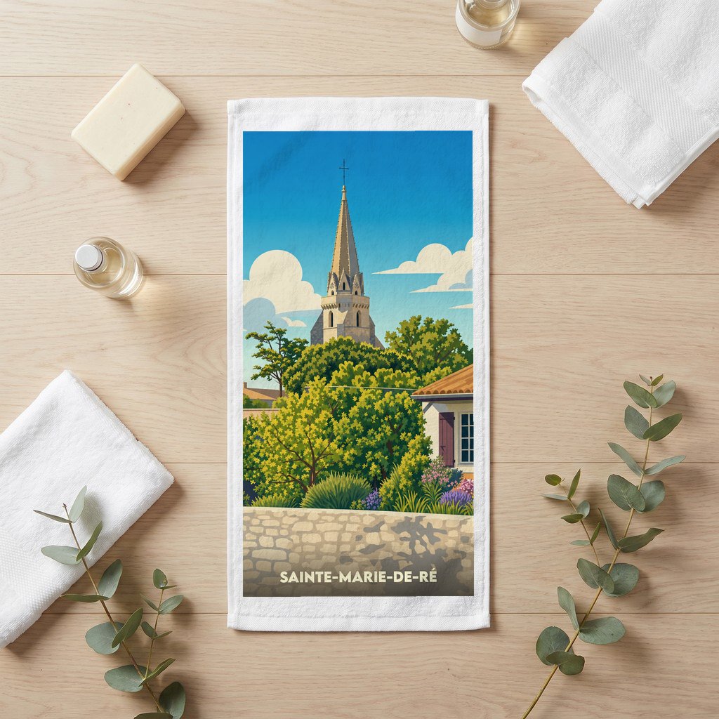 Serviette souvenir de la ville de Sainte-Marie-de-Ré avec une illustration stylisée de son église.