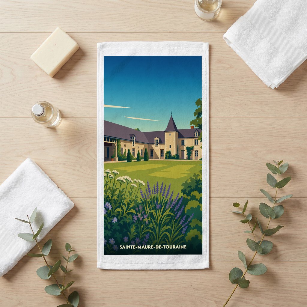 Serviette de bain souvenir de la ville de Sainte-Maure-de-Touraine avec une illustration stylisée d'un domaine provençal.