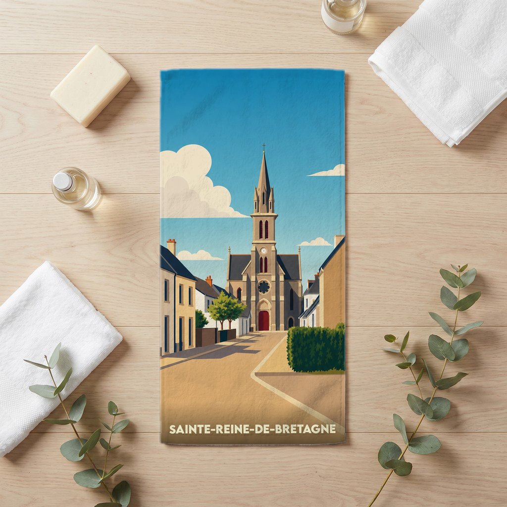 Serviette de bain souvenir de la ville de Sainte-Reine-de-Bretagne avec une illustration stylisée d'une rue menant à l'église locale.