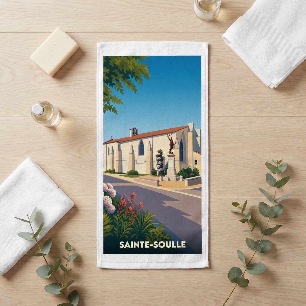 Serviette de bain souvenir de la ville de Sainte-Soulle avec une illustration stylisée.