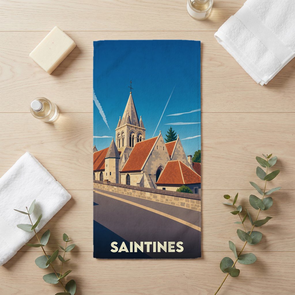 Serviette de bain souvenir de la ville de Saintines avec une illustration stylisée de son église.