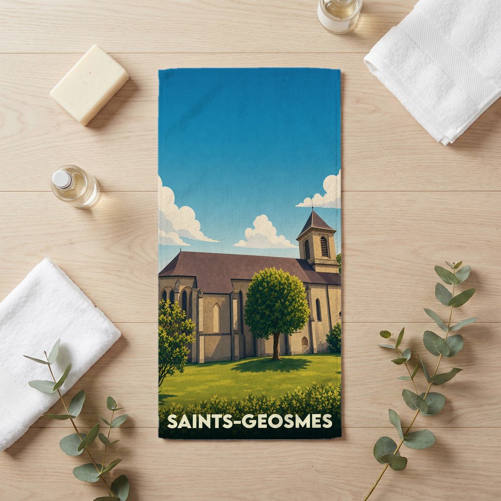 Serviette de bain souvenir de la ville de Saints-Geosmes illustrée d'un paysage stylisé de son église.