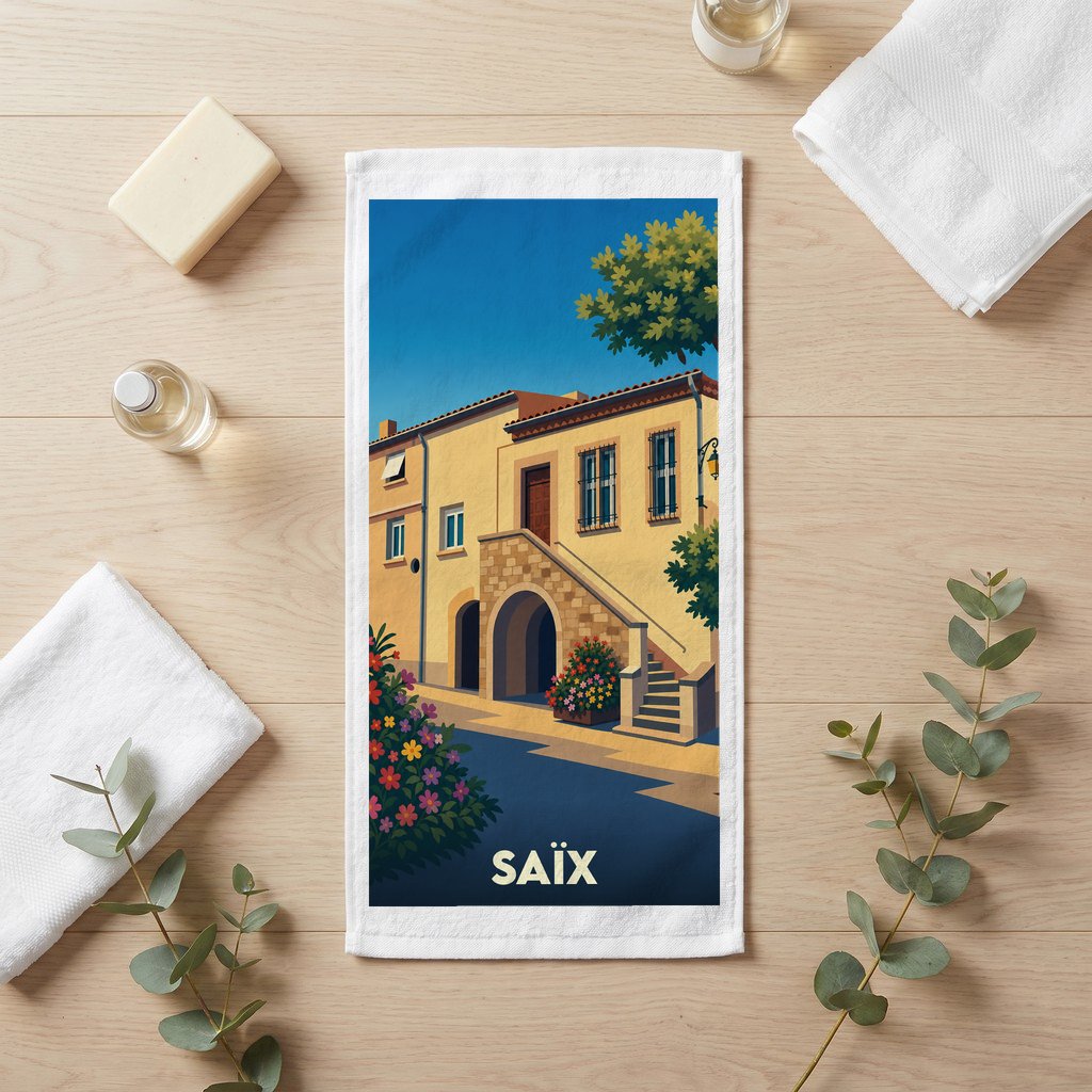 Serviette de bain souvenir de la ville de Saïx avec une illustration stylisée d'une maison de village.
