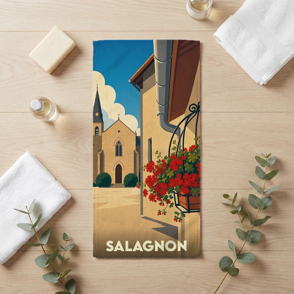 Serviette de bain souvenir de la ville de Salagnon ornée d'une illustration stylisée de son église et de fleurs.