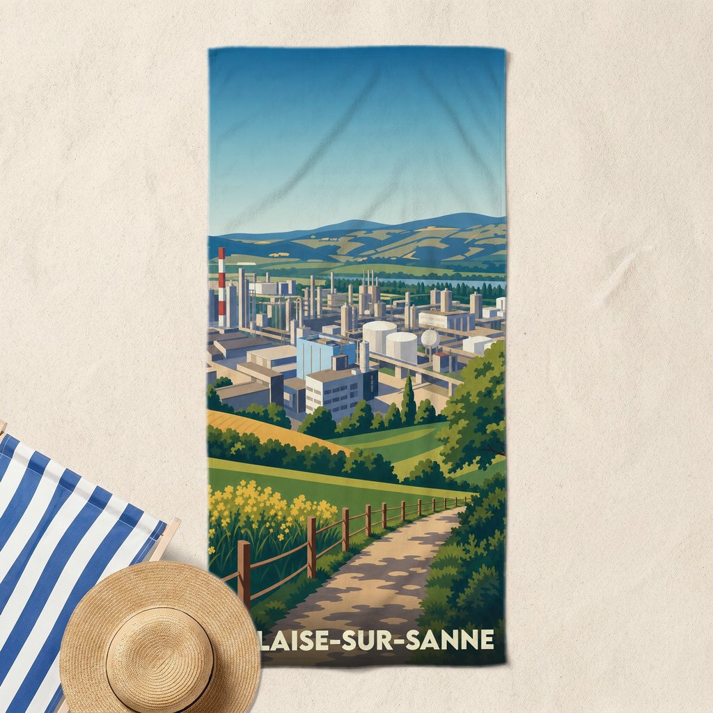 Serviette de bain souvenir de la ville de Salaise-sur-Sanne avec une illustration stylisée de sa zone industrielle.