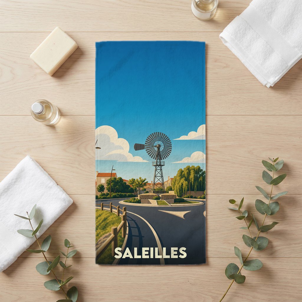 Serviette de bain souvenir de la ville de Saleilles avec une illustration stylisée d'un moulin.