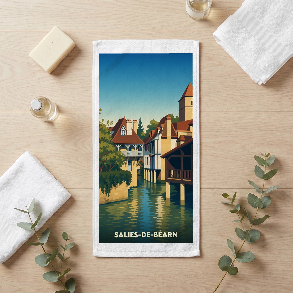 Serviette de bain souvenir de la ville de Salies-de-Béarn avec une illustration stylisée.