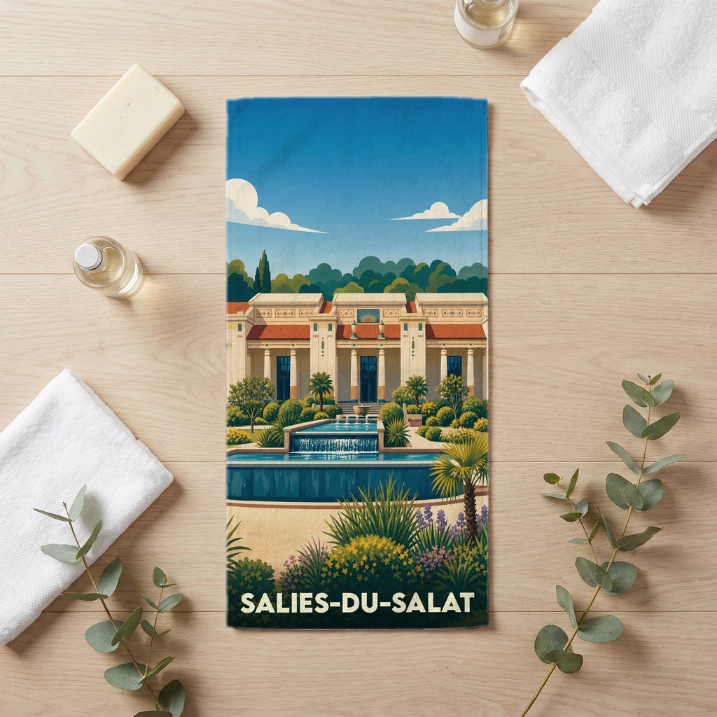 Serviette de bain souvenir de Salies-du-Salat ornée d'une illustration stylisée de ses thermes et jardins.