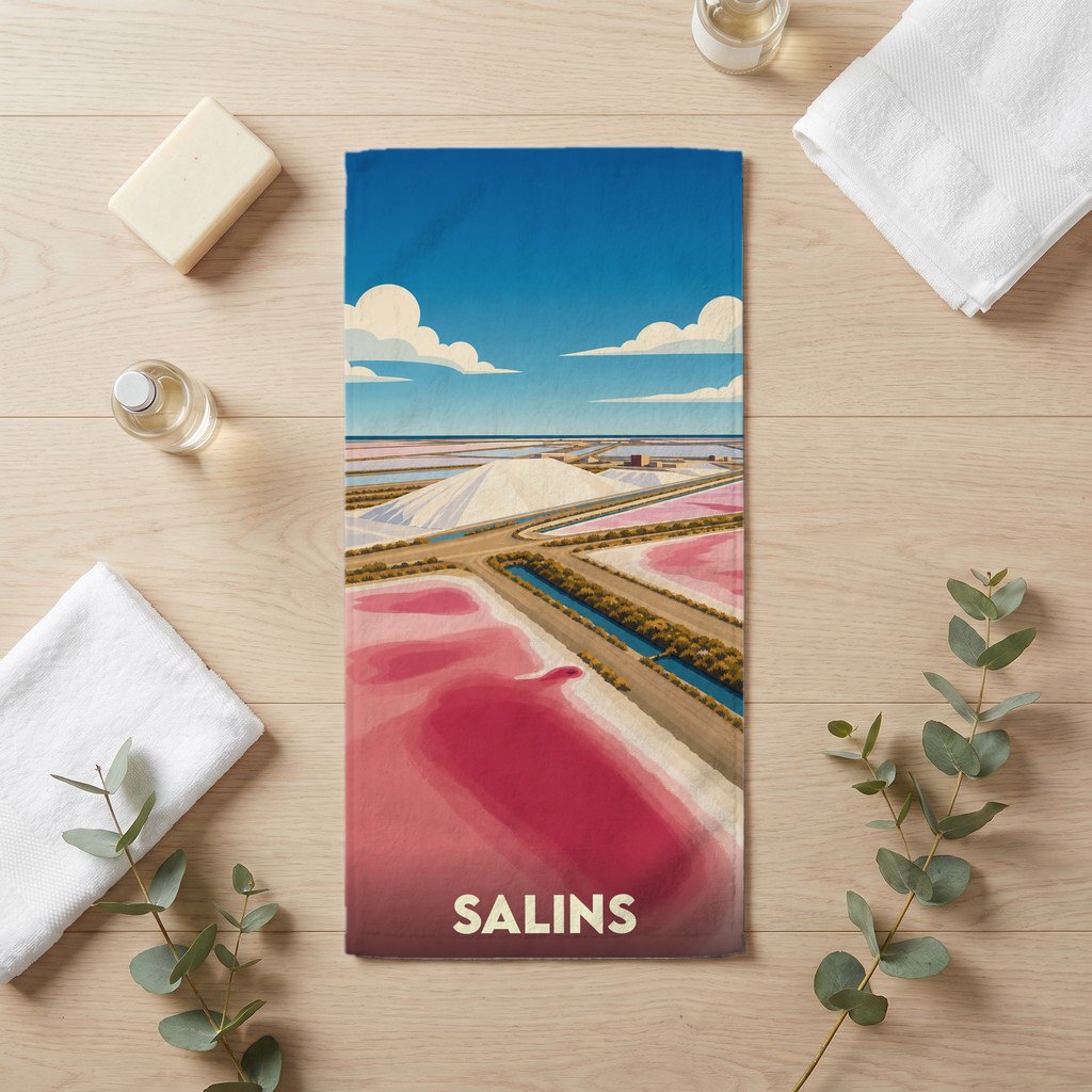 Serviette de bain souvenir de la ville de Salins avec une illustration stylisée de ses marais salants.