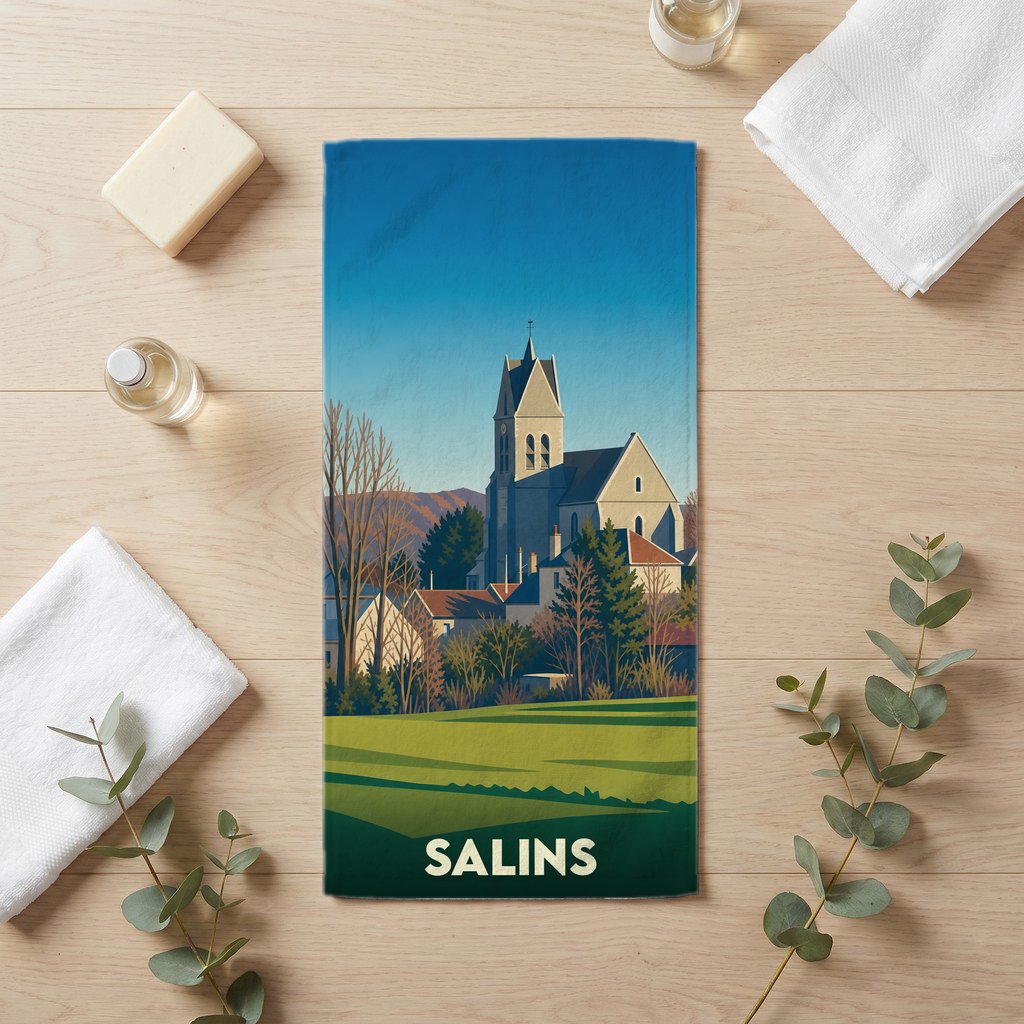 Serviette de bain souvenir de la ville de Salins avec une illustration stylisée.