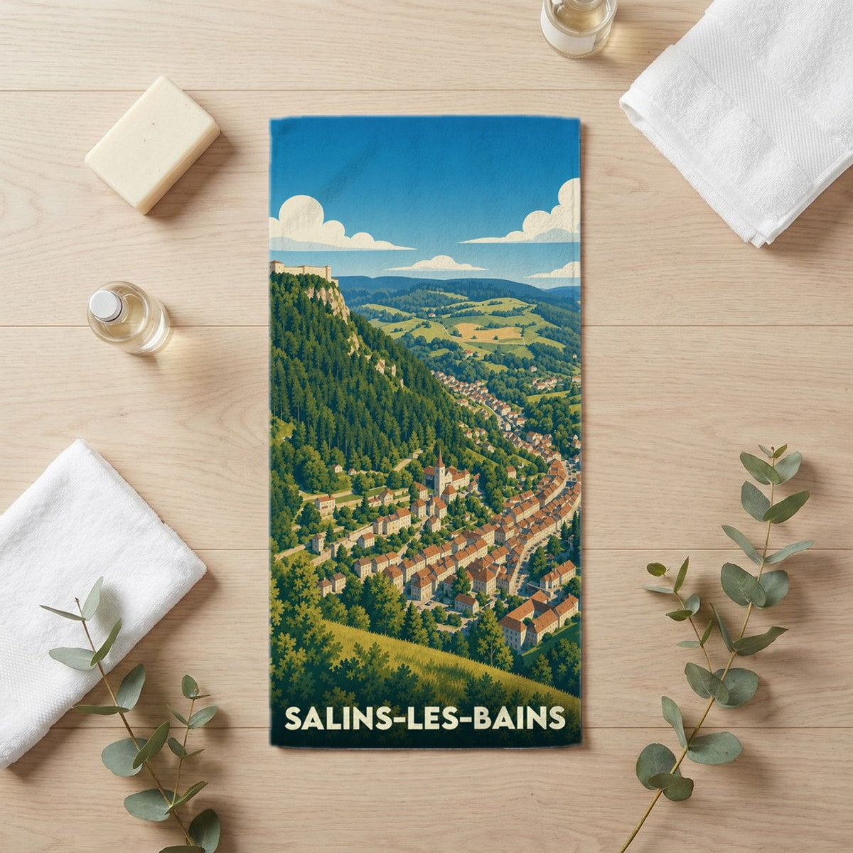 Serviette de bain 30 cm x 60 cm souvenir de Salins-les-Bains