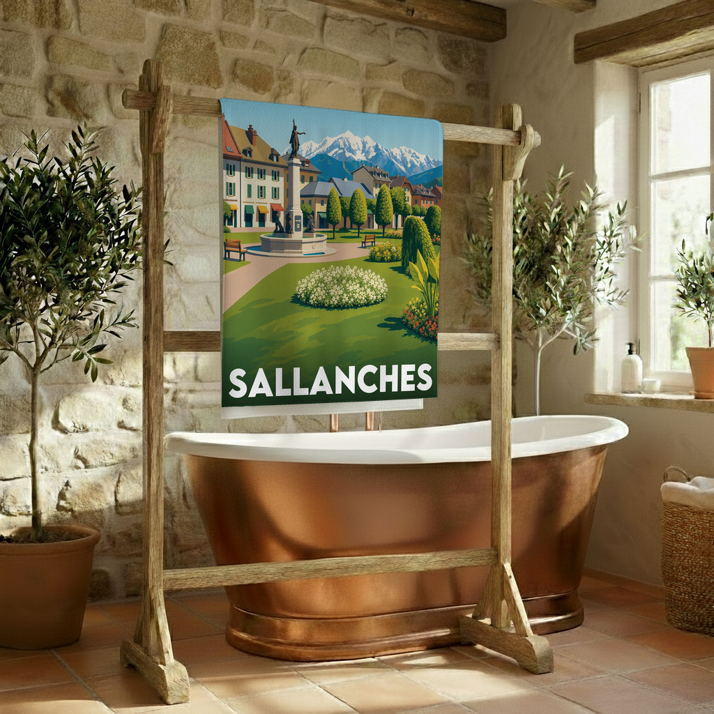 Serviette de bain souvenir de la ville de Sallanches avec une illustration stylisée de sa place centrale et des montagnes.
