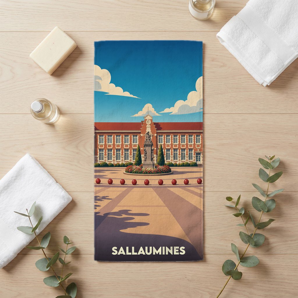 Serviette de bain souvenir de la ville de Sallaumines avec une illustration stylisée.