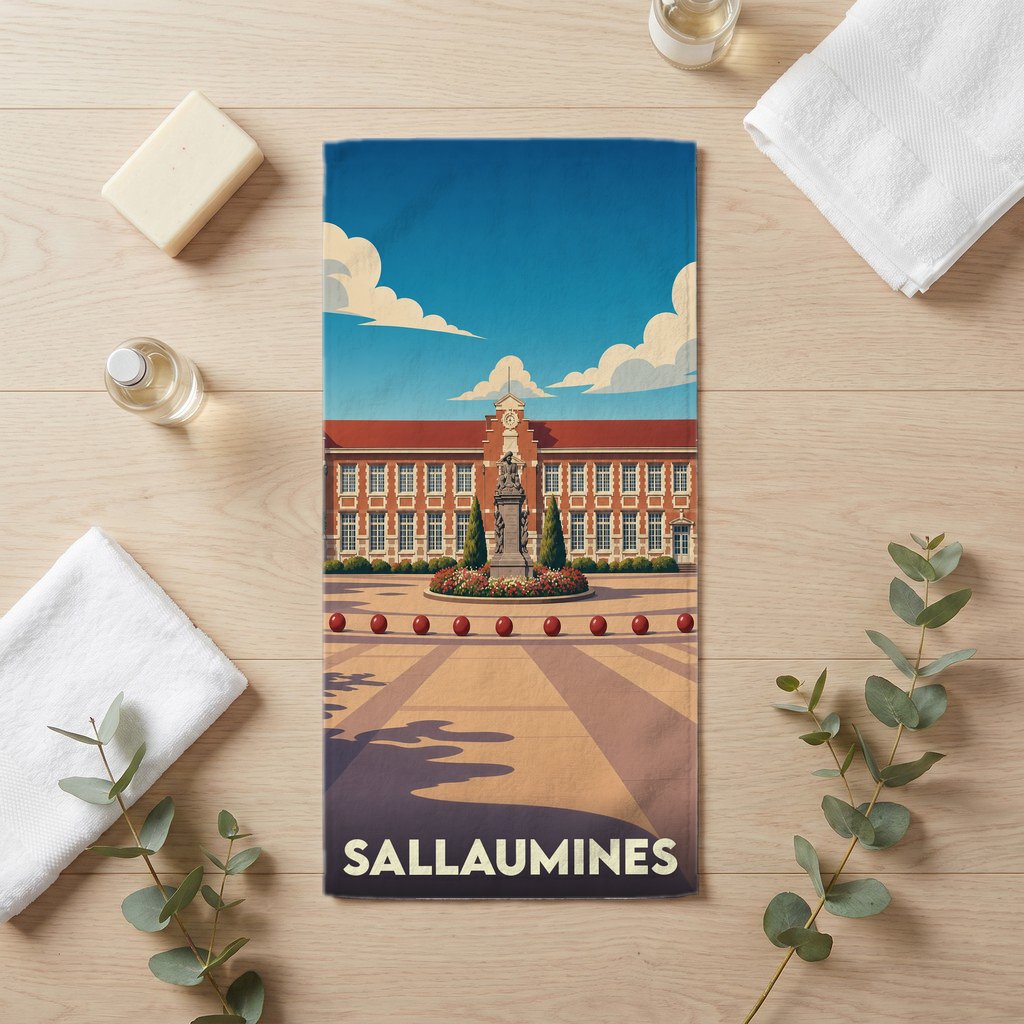 Serviette de bain souvenir de la ville de Sallaumines avec une illustration stylisée.