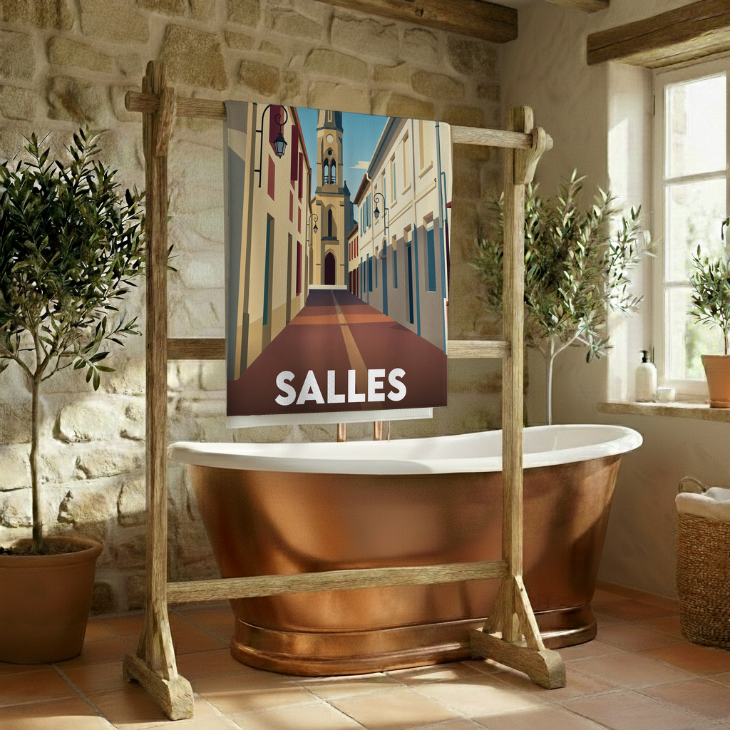 Serviette de bain souvenir de la ville de Salles avec une illustration stylisée.