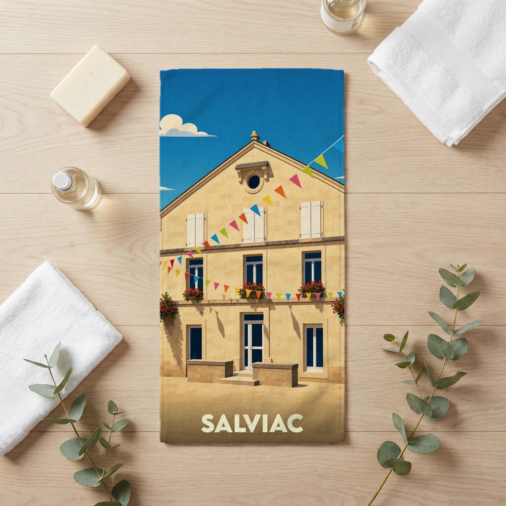 Serviette de bain souvenir de la ville de Salviac avec une illustration stylisée.