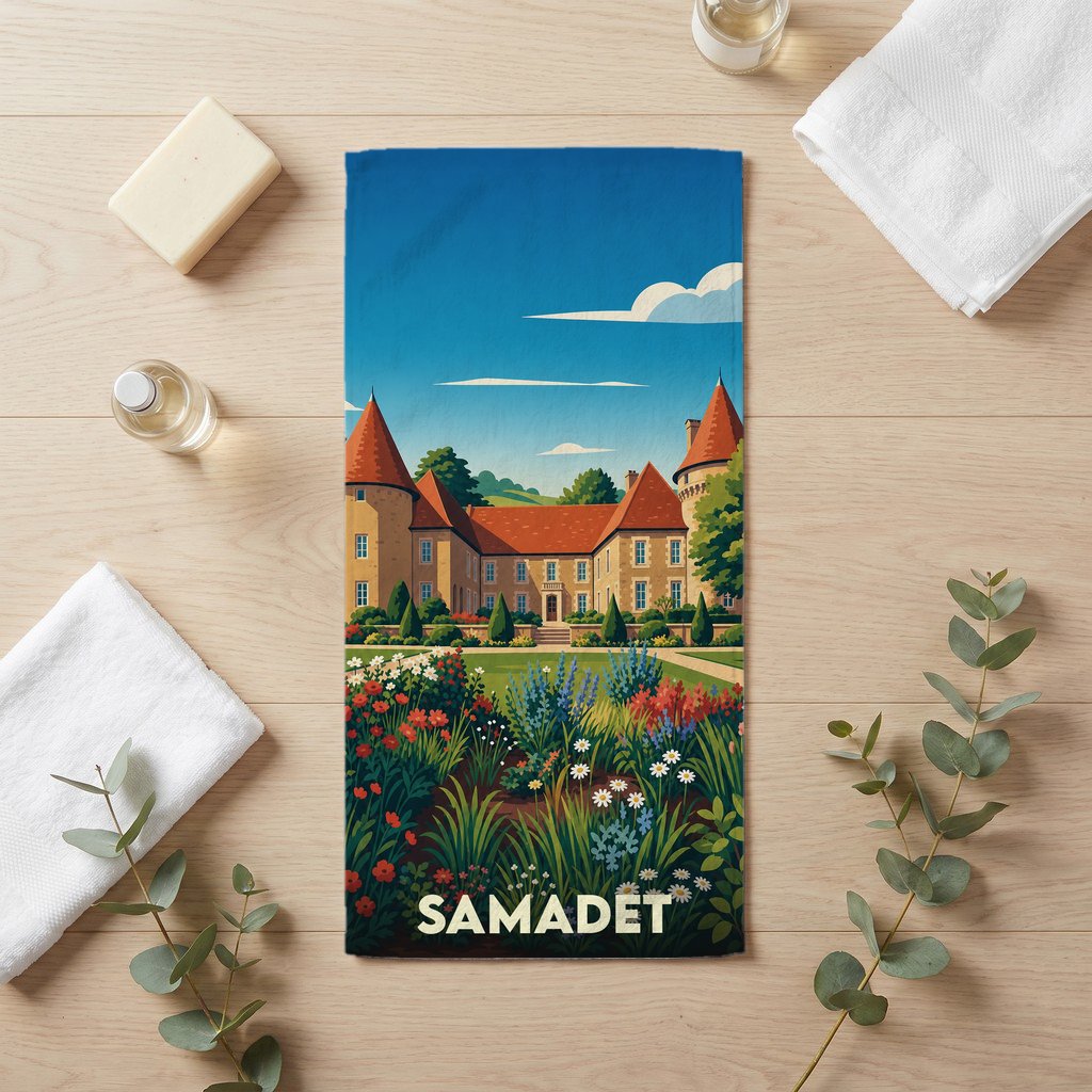 Serviette de bain souvenir de la ville de Samadet ornée d'une illustration stylisée de son château et de ses jardins.