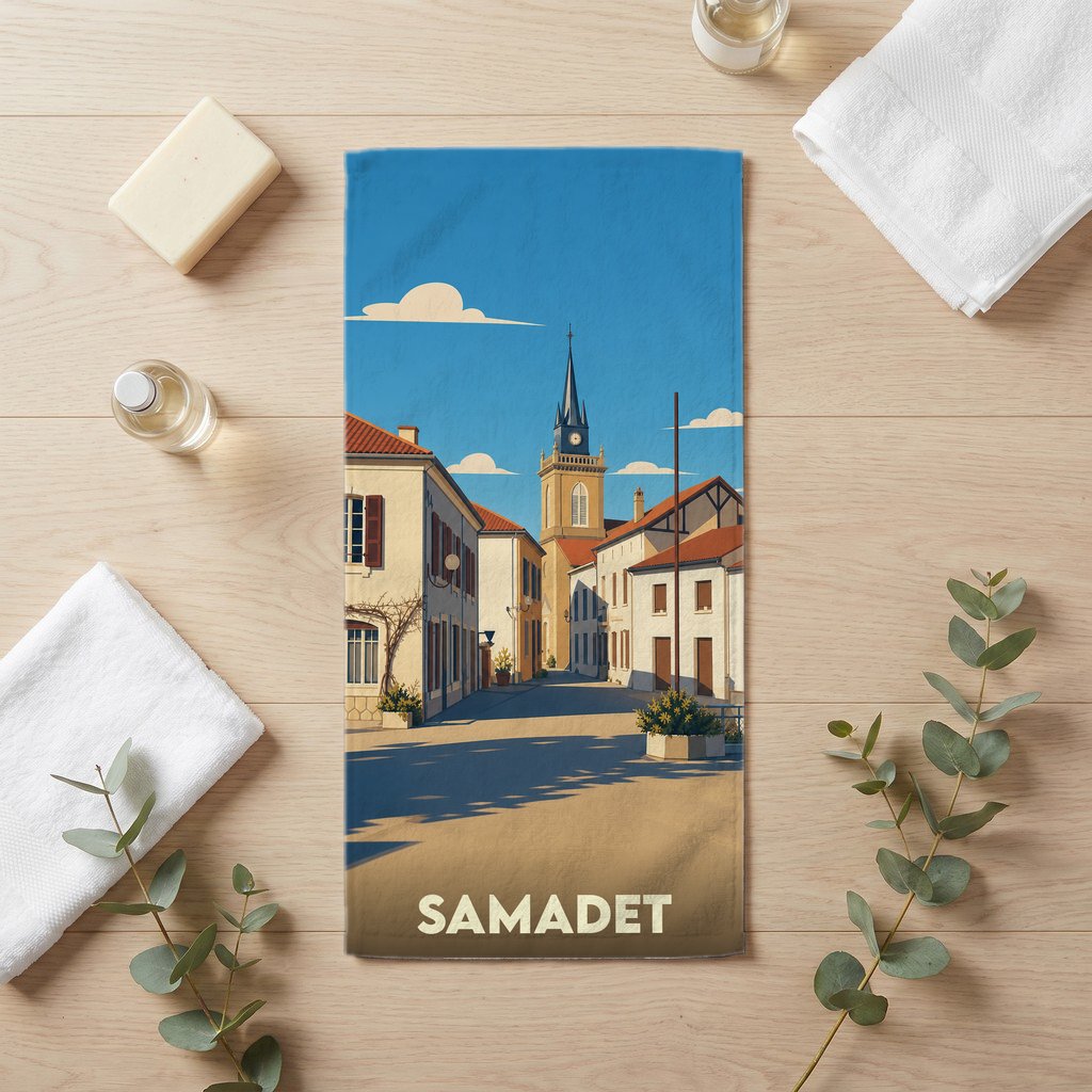 Serviette de bain souvenir de la ville de Samadet avec une illustration stylisée d'une rue ensoleillée menant au clocher.