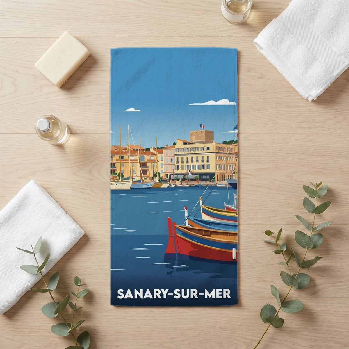 Serviette de bain 30 cm x 60 cm souvenir de Sanary-sur-Mer