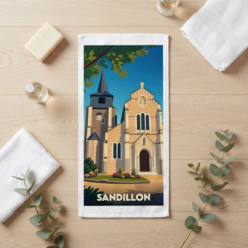 Serviette de bain souvenir de la ville de Sandillon avec une illustration stylisée de son église.
