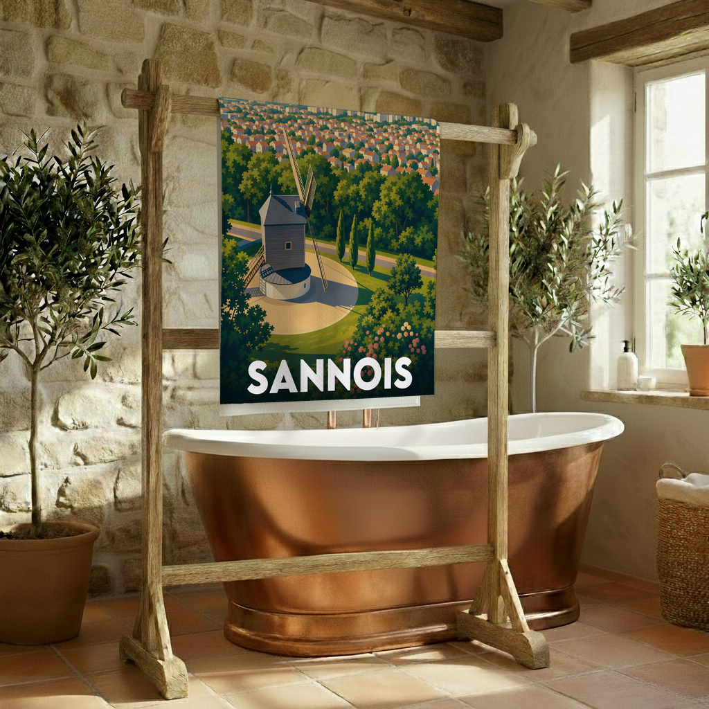 Serviette de bain souvenir de la ville de Sannois avec une illustration stylisée d'un moulin.