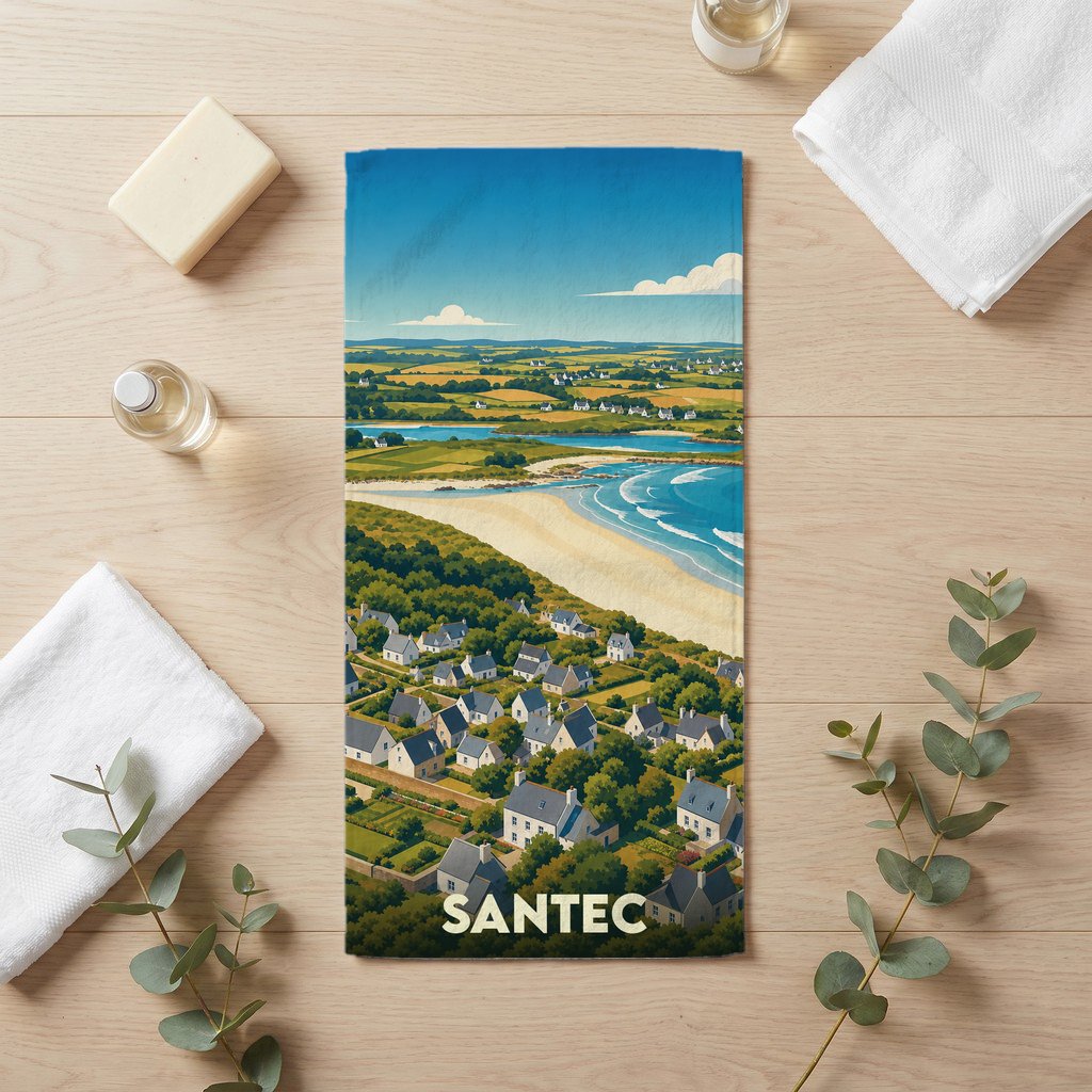 Serviette de bain souvenir de la ville de Santec avec une illustration stylisée de son paysage côtier.