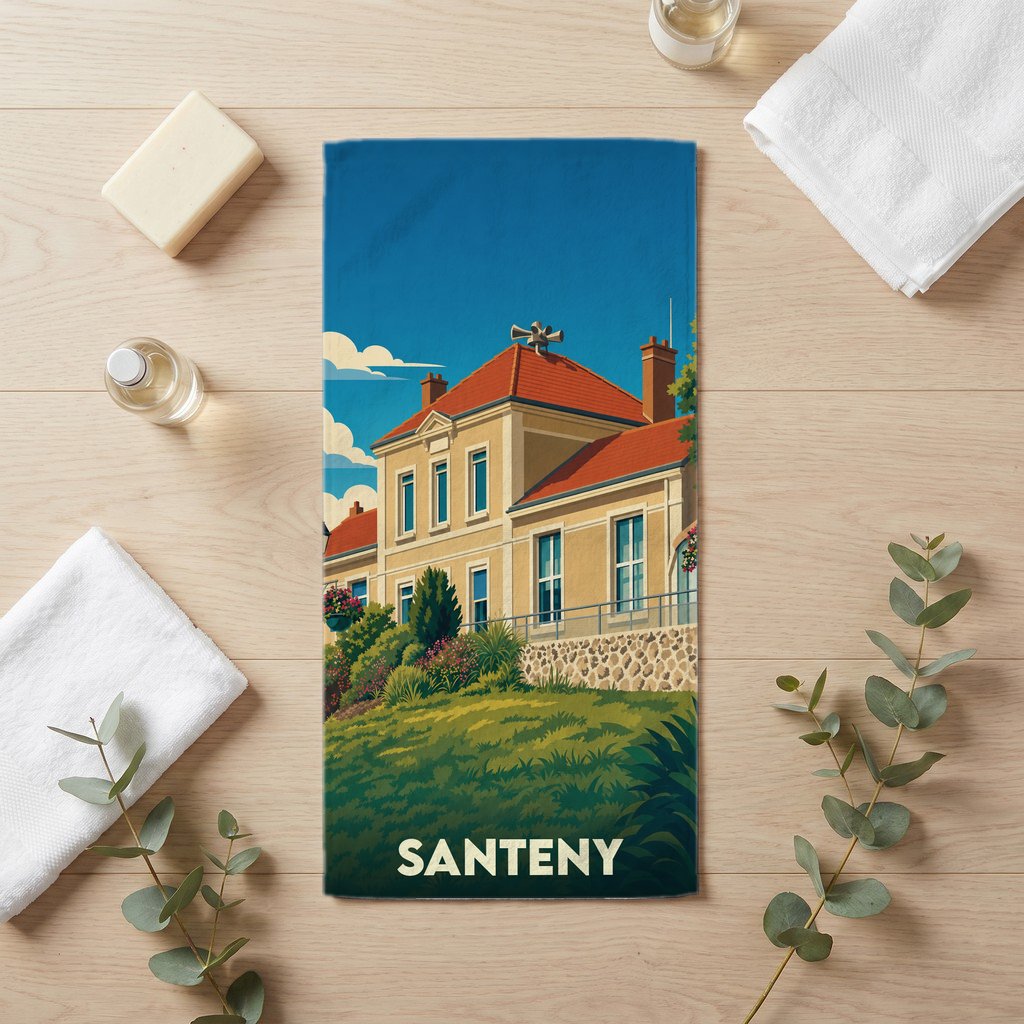 Serviette de bain souvenir de la ville de Santeny avec une illustration stylisée.