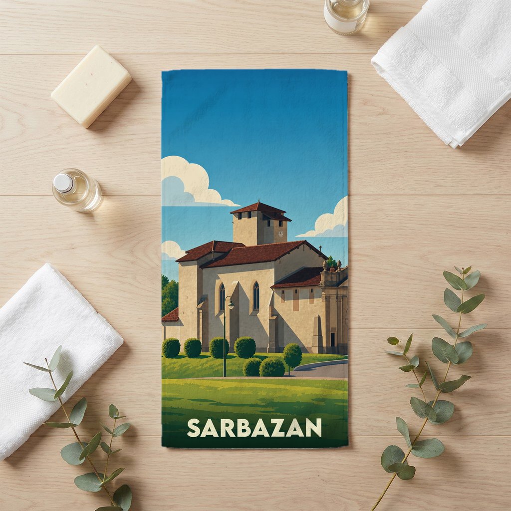 Serviette de bain souvenir de la ville de Sarbazan avec une illustration stylisée de son église.