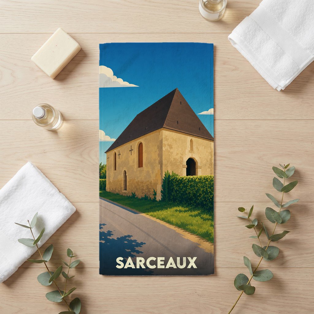 Serviette de bain souvenir de la ville de Sarceaux avec une illustration stylisée d'un bâtiment historique.