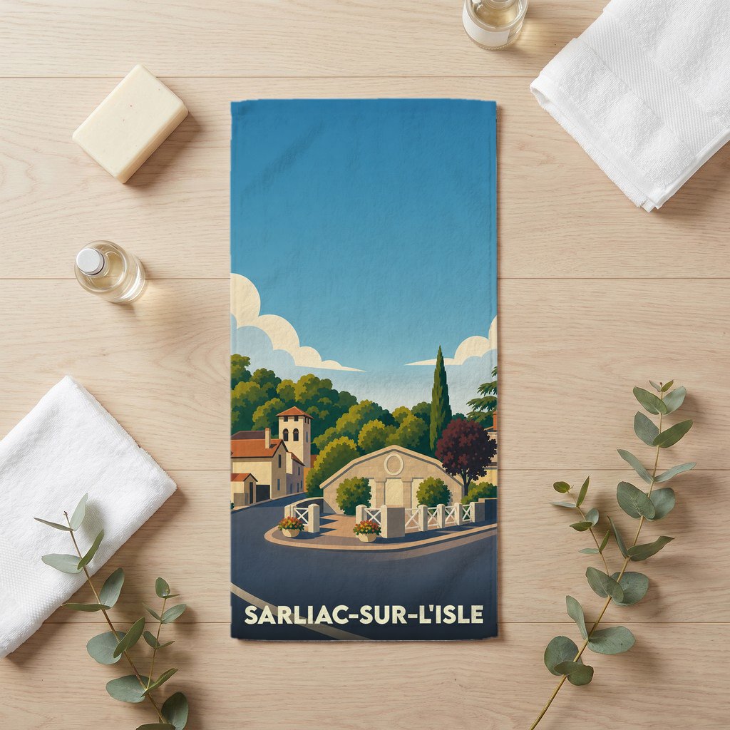 Serviette de bain souvenir de Sarliac-sur-l'Isle avec une illustration stylisée de la ville.